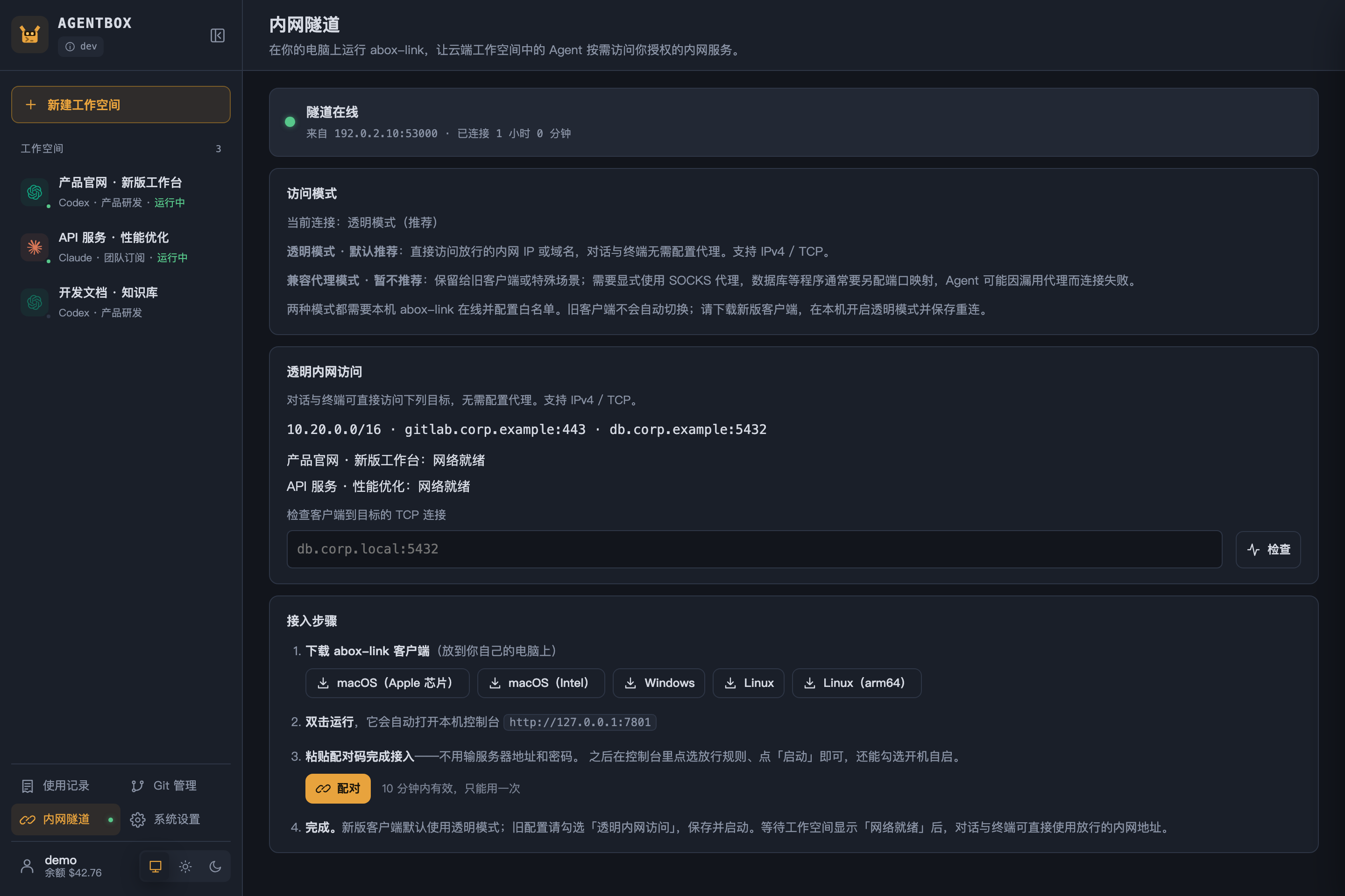 Private-network tunnel status and allowlist
