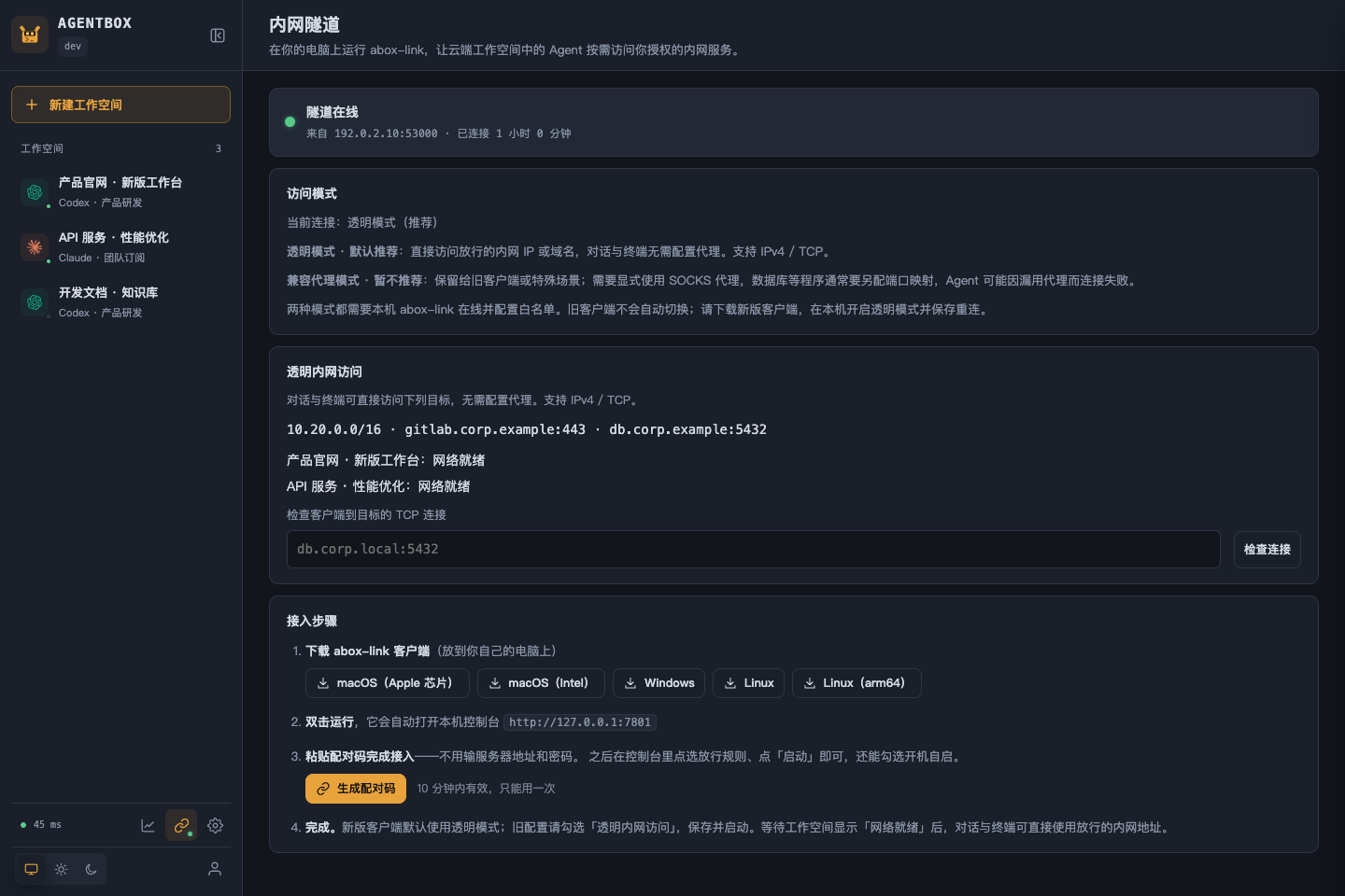 Private-network tunnel with connection status, workspace readiness, and an allowlist