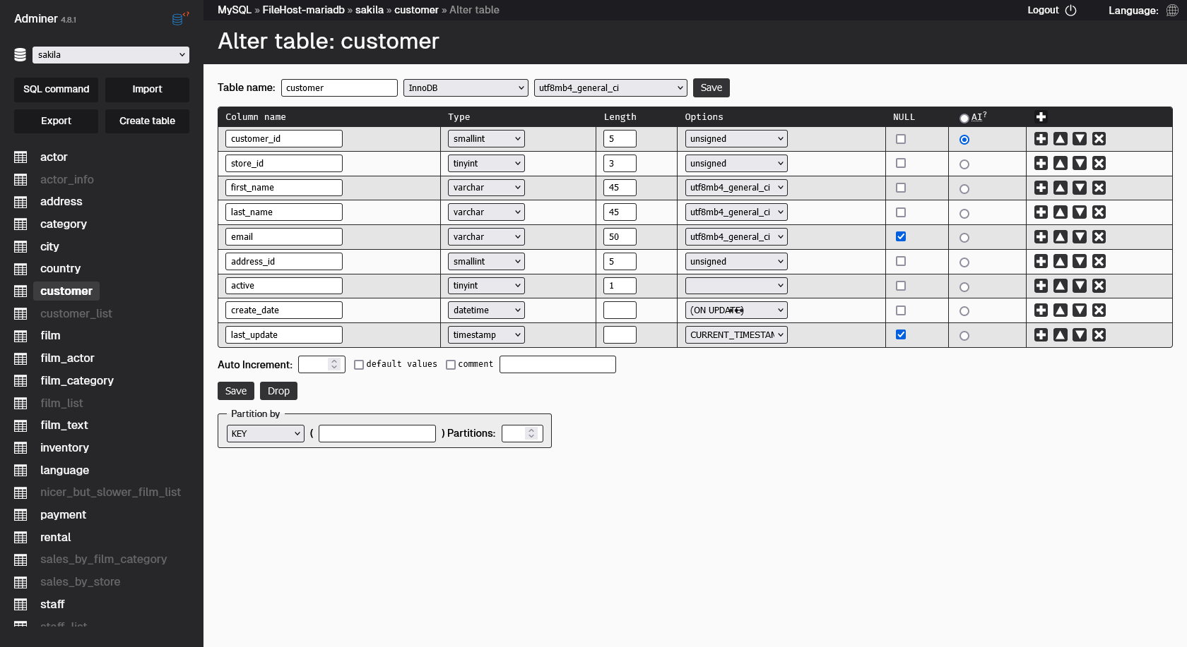 Simple Theme for Adminer - Create table