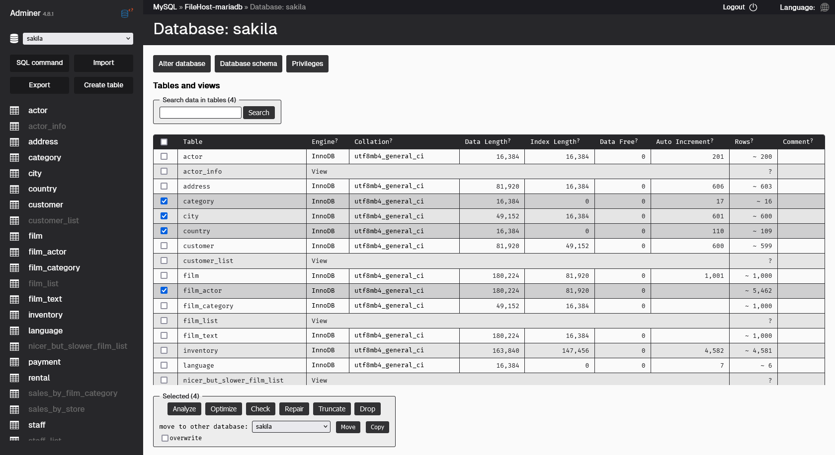 Simple Theme for Adminer - Tables