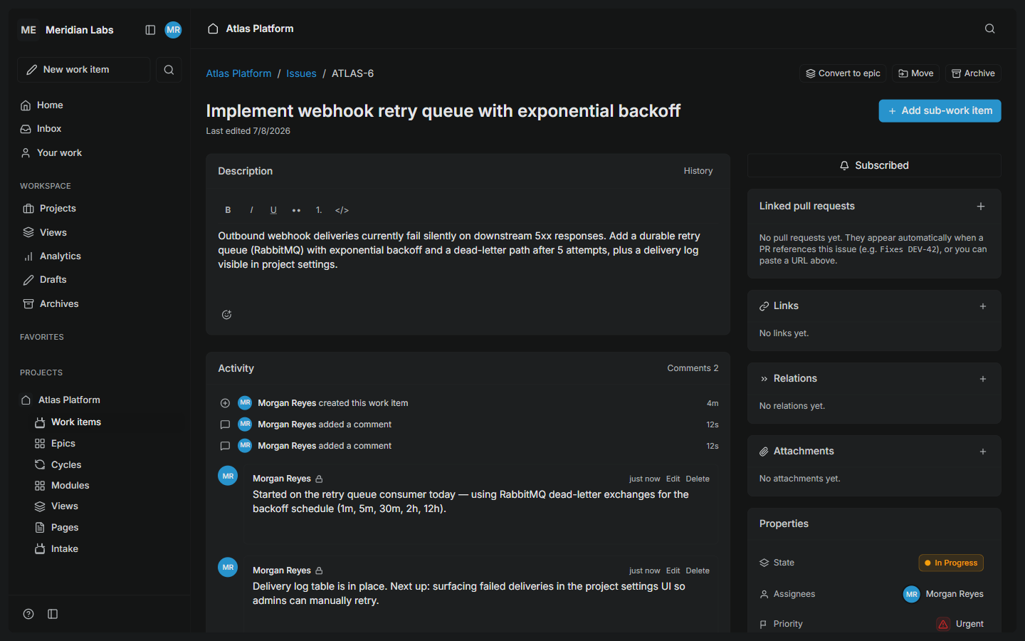 Work item detail — description, activity feed, comments, and properties side by side