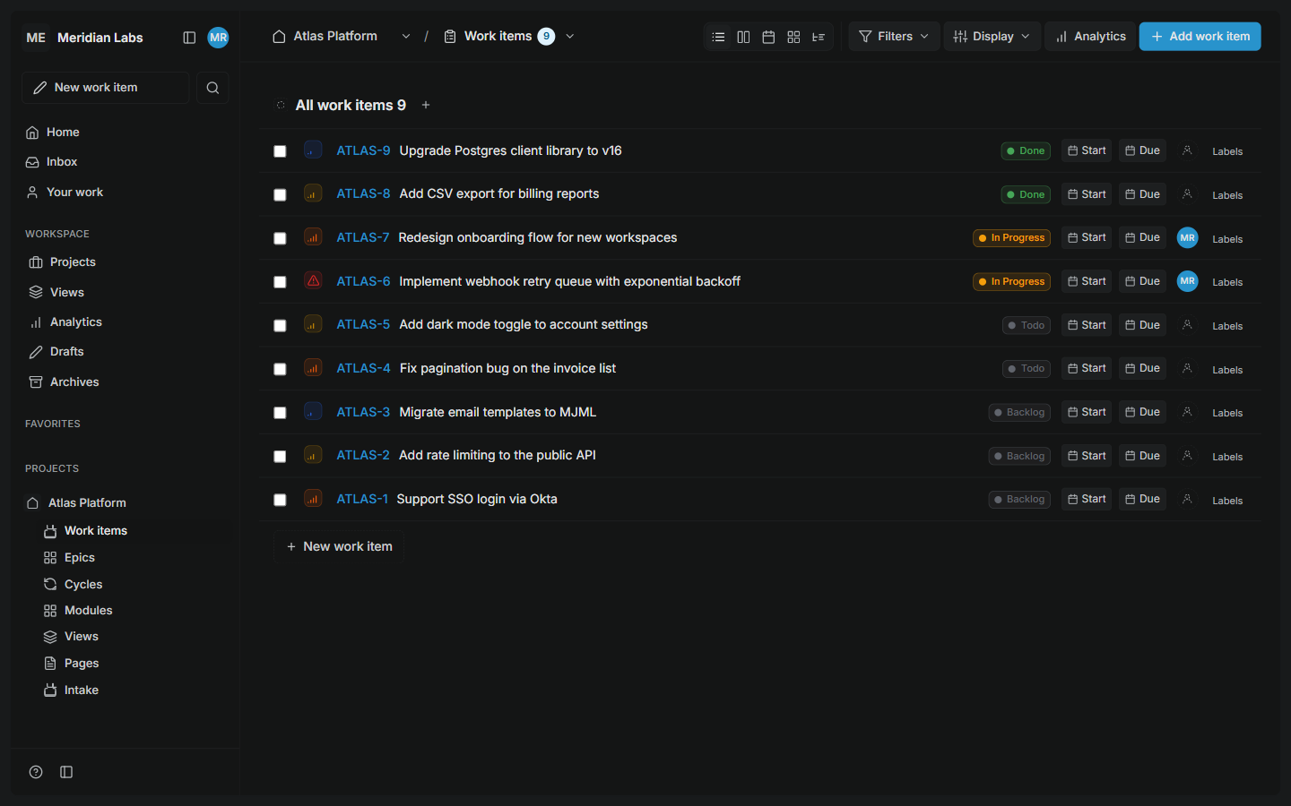 Work items list — a filterable, sortable list of everything in a project