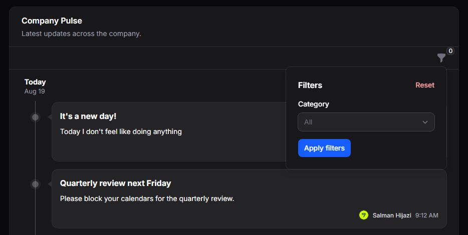 Filters dropdown, dark mode