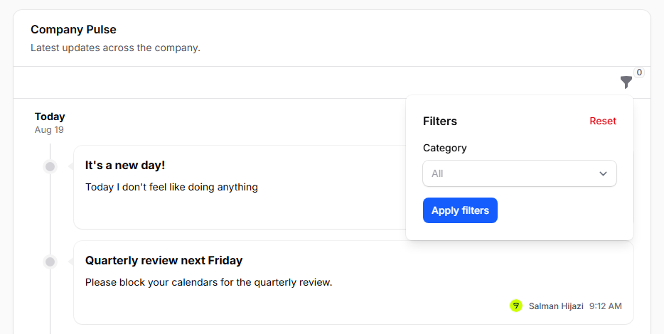 Filters dropdown, light mode