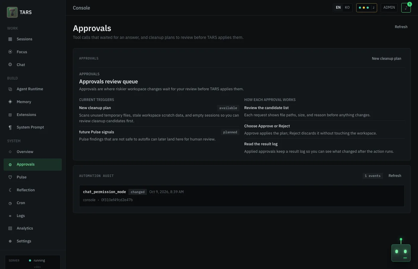 TARS console Approvals page showing the review queue, what triggers an approval, and the automation audit