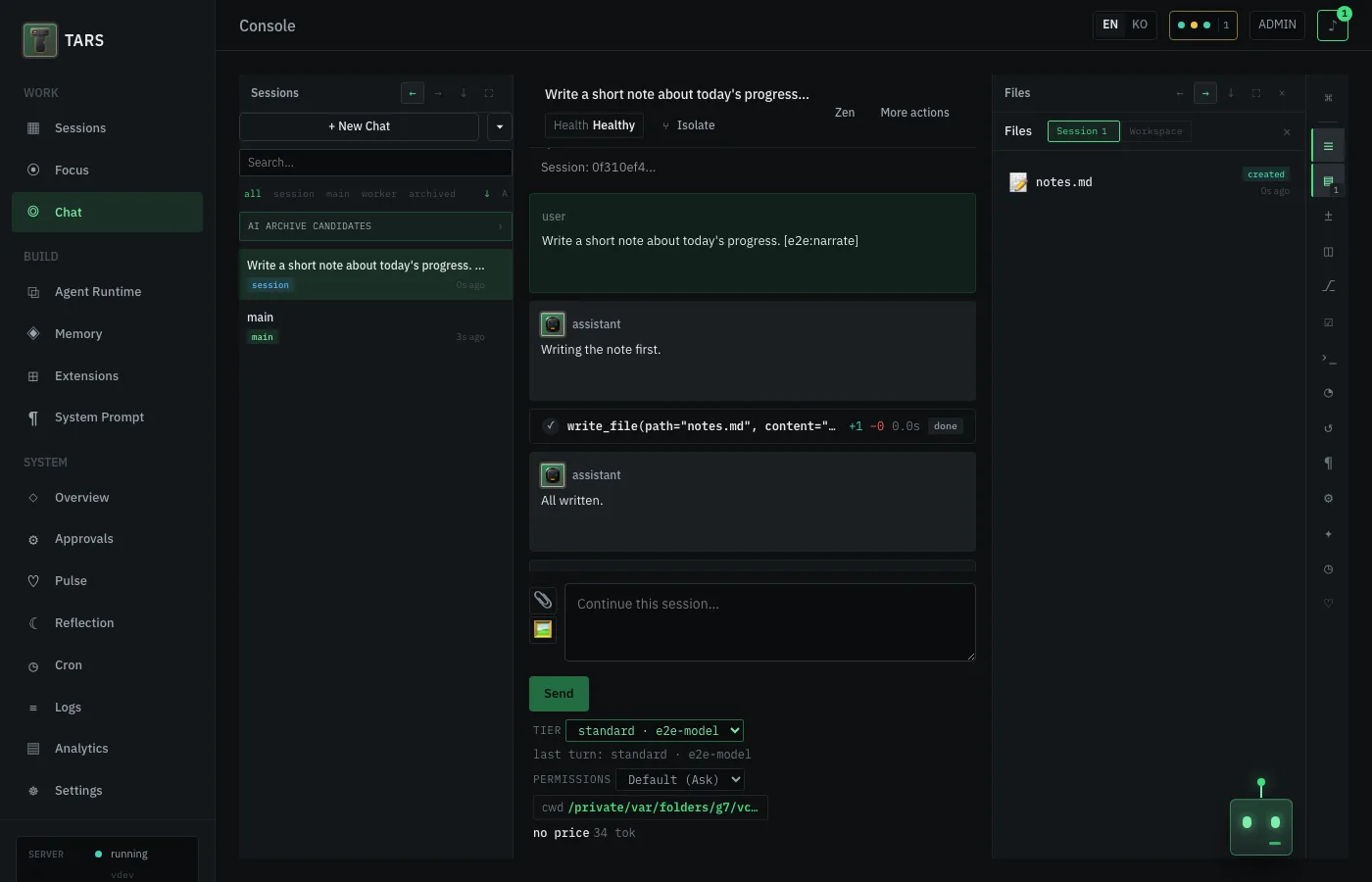 TARS console Chat page: session list on the left, a short exchange with a write_file tool call in the middle, the Files panel on the right