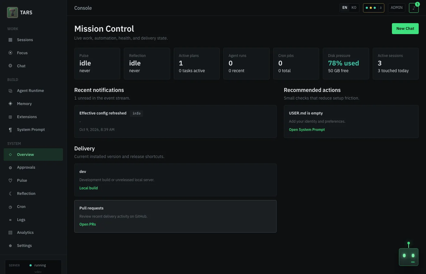 TARS console Overview ("Mission Control") page: Pulse/Reflection/disk/session status strip, recent notifications, recommended actions, and delivery