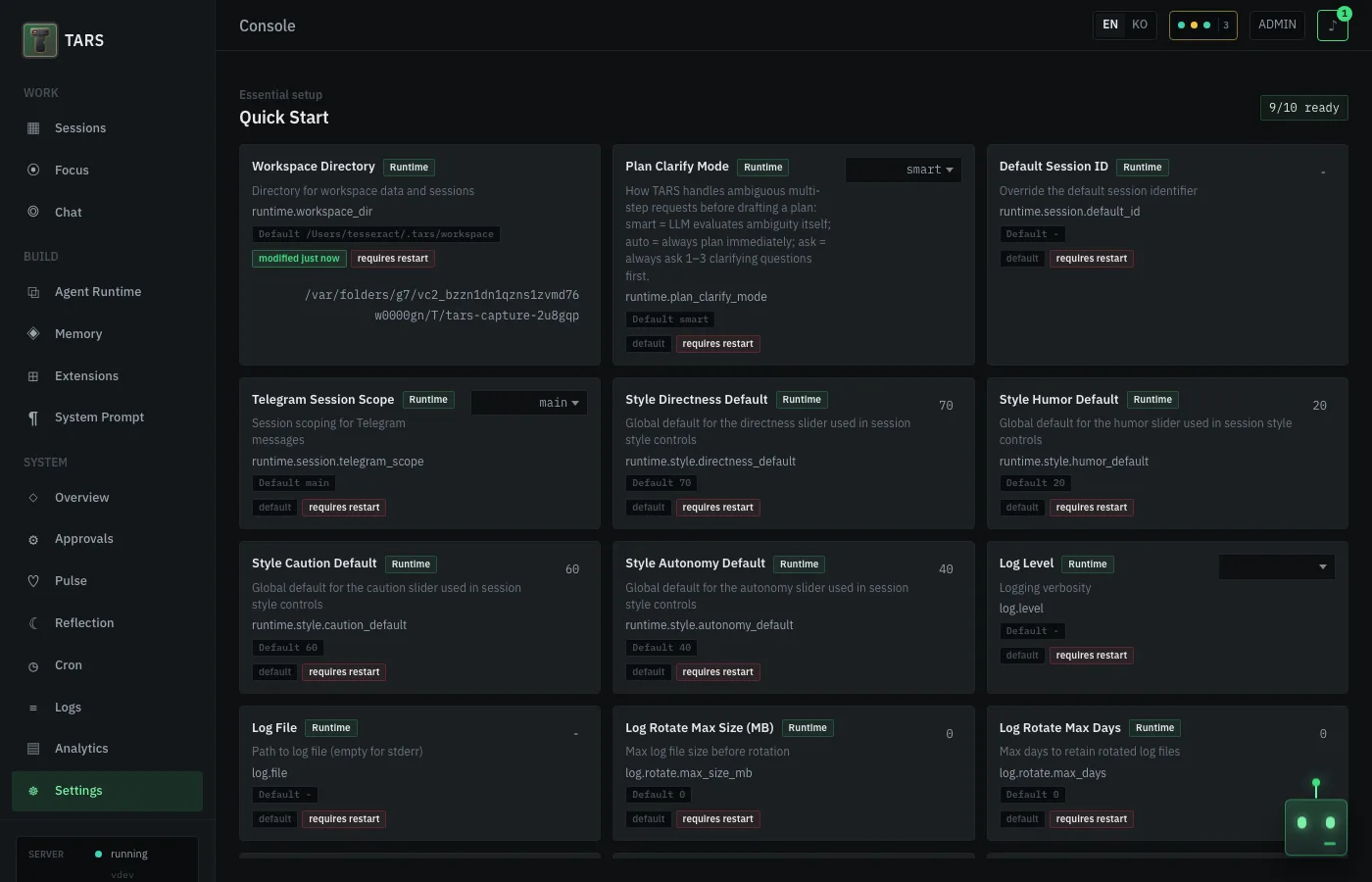 TARS console Settings page showing the Quick Start readiness cards, 9 of 10 ready