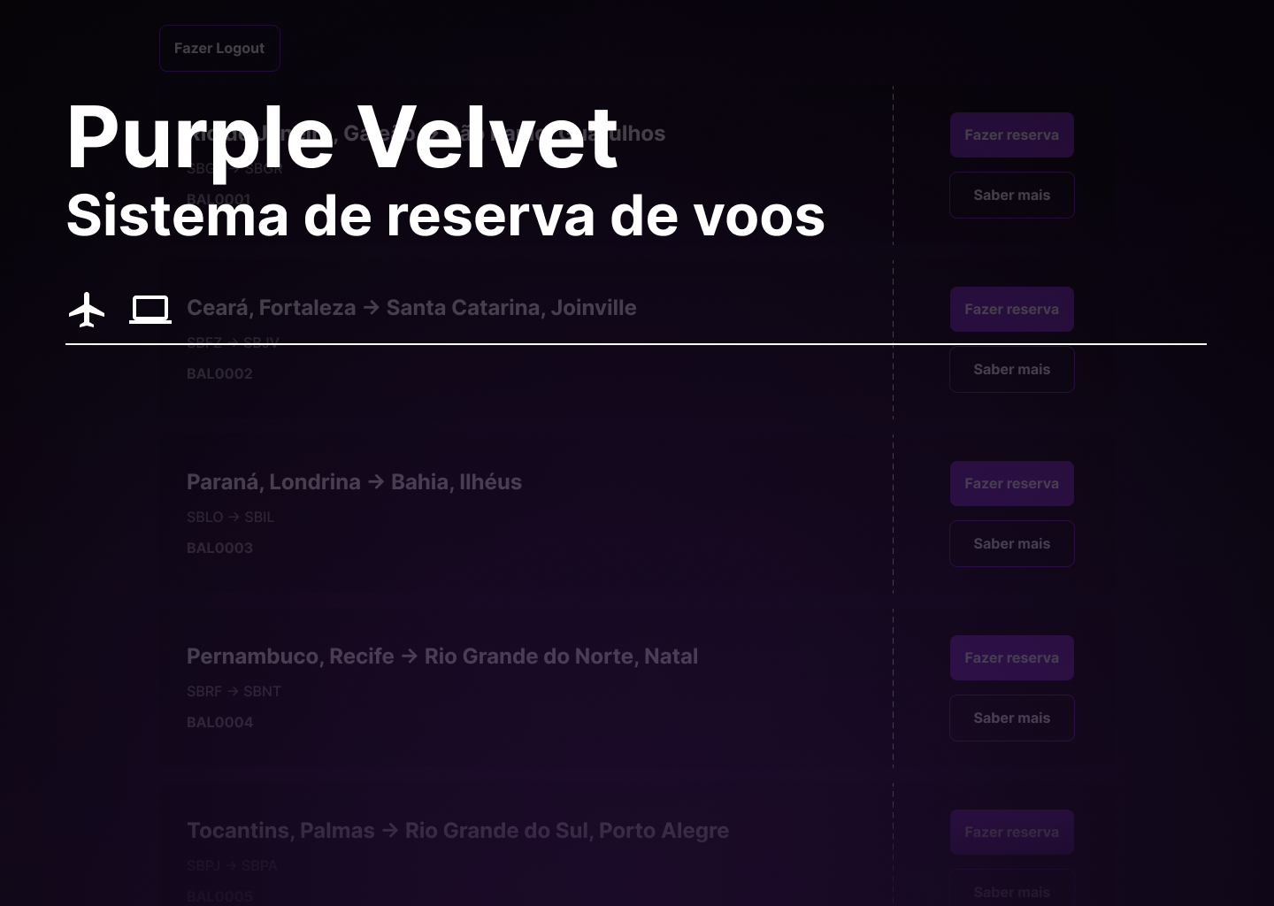 Preview Purple Velvet, sistema de reserva de voos