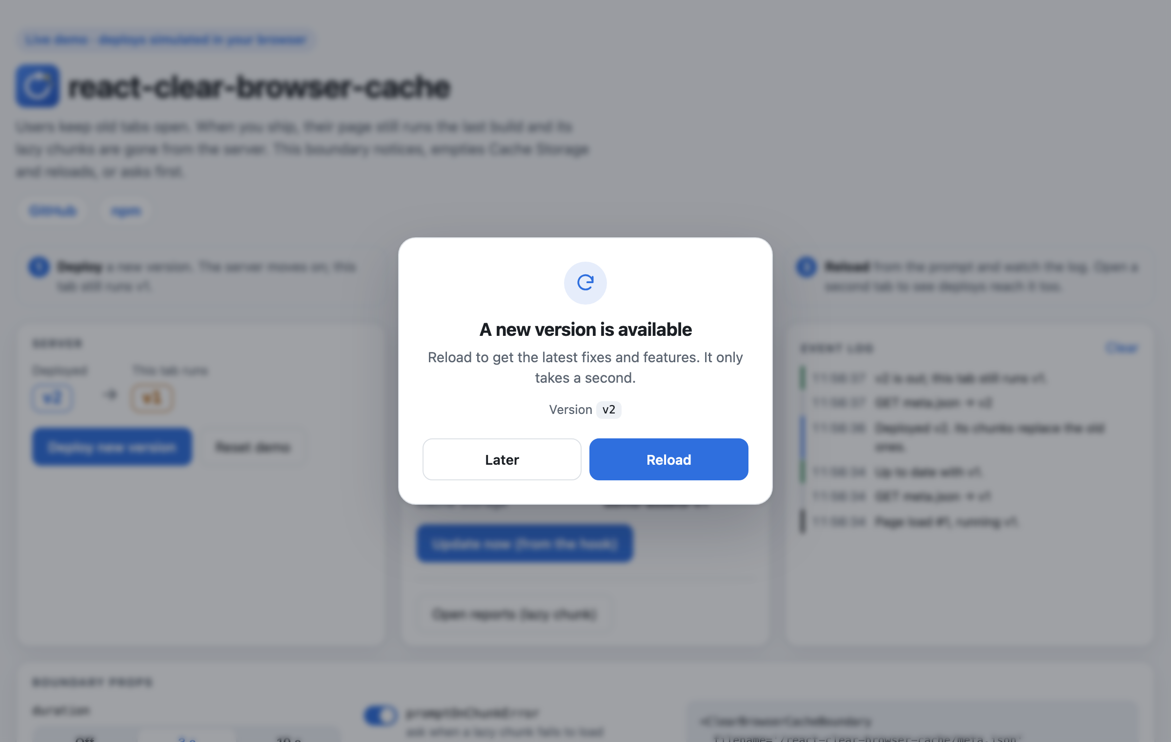 The demo after a deploy: the update prompt offers v2 and asks to reload, while the tab still runs v1.