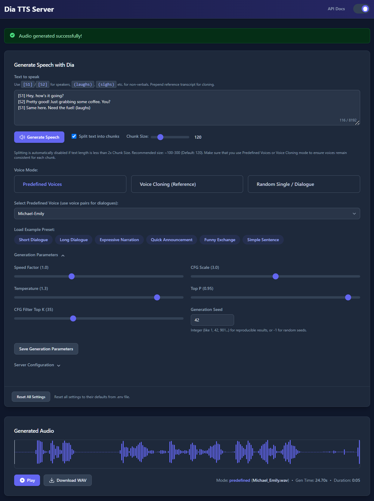 Dia TTS Server Web UI - Dark Mode