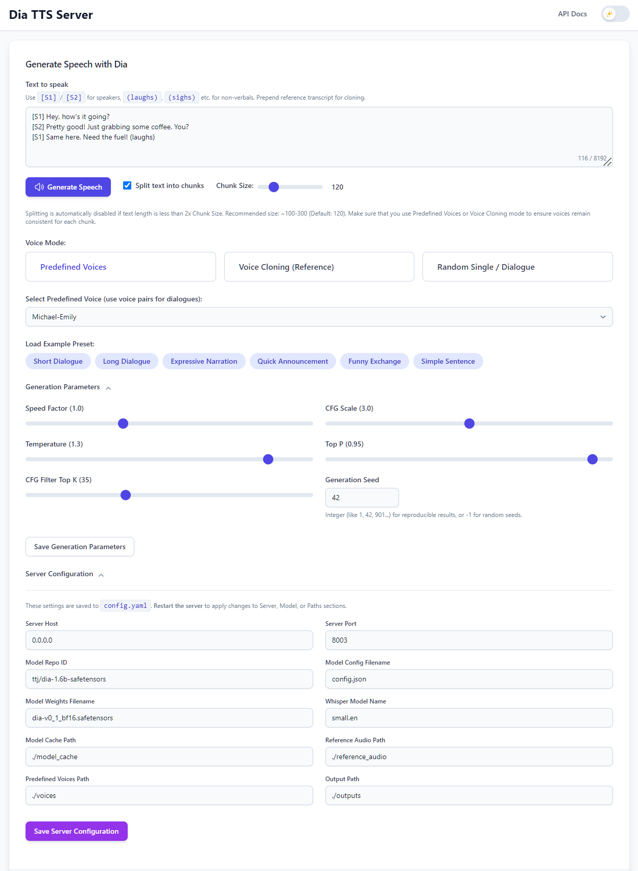 Dia TTS Server Web UI - Light Mode