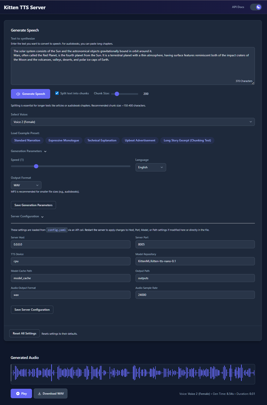 Kitten TTS Server Web UI - Dark Mode