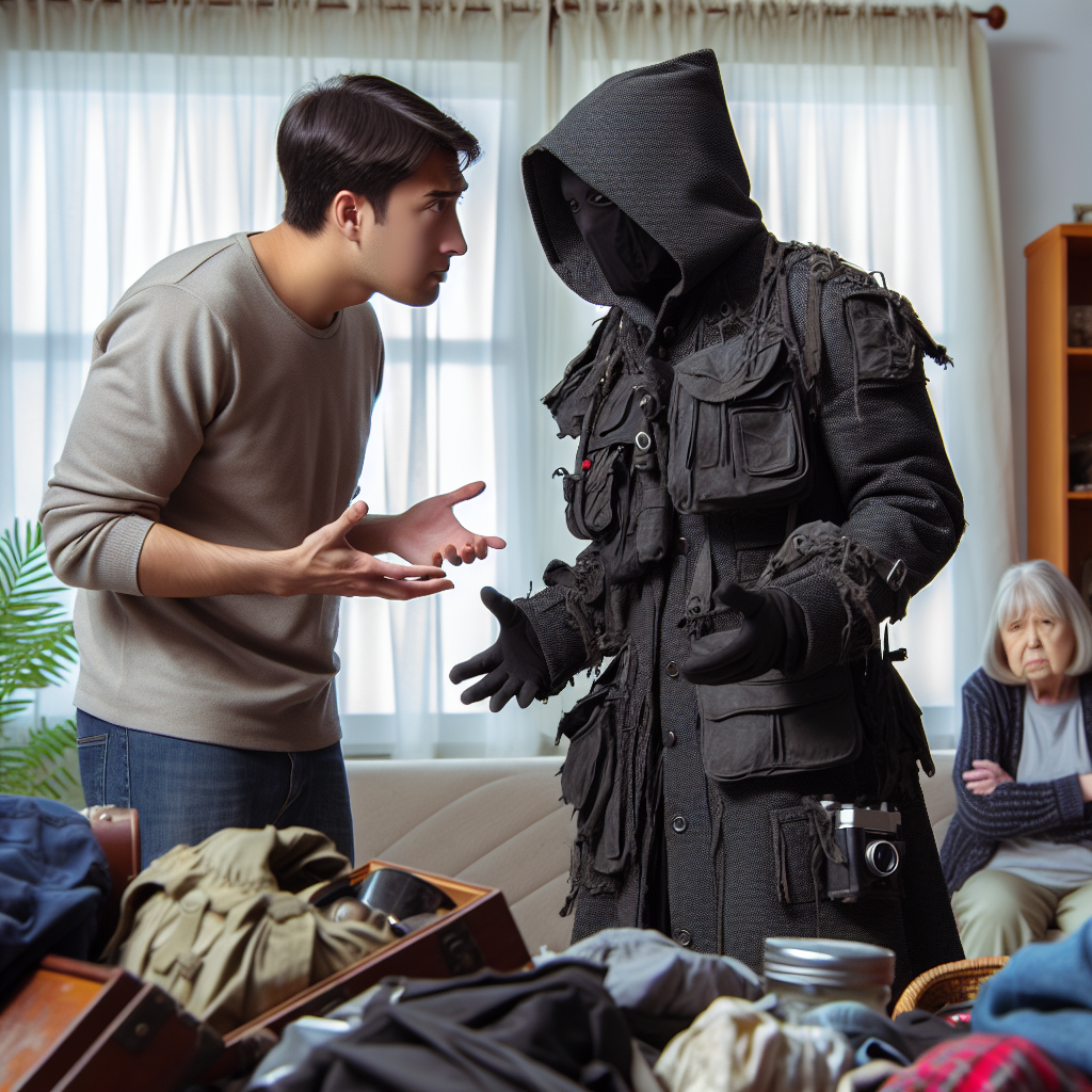 Man questioning another cloaked in practical yet ambiguous black attire with many folds, pockets, and buttons in a cluttered living room, old woman observing intently from the window across.