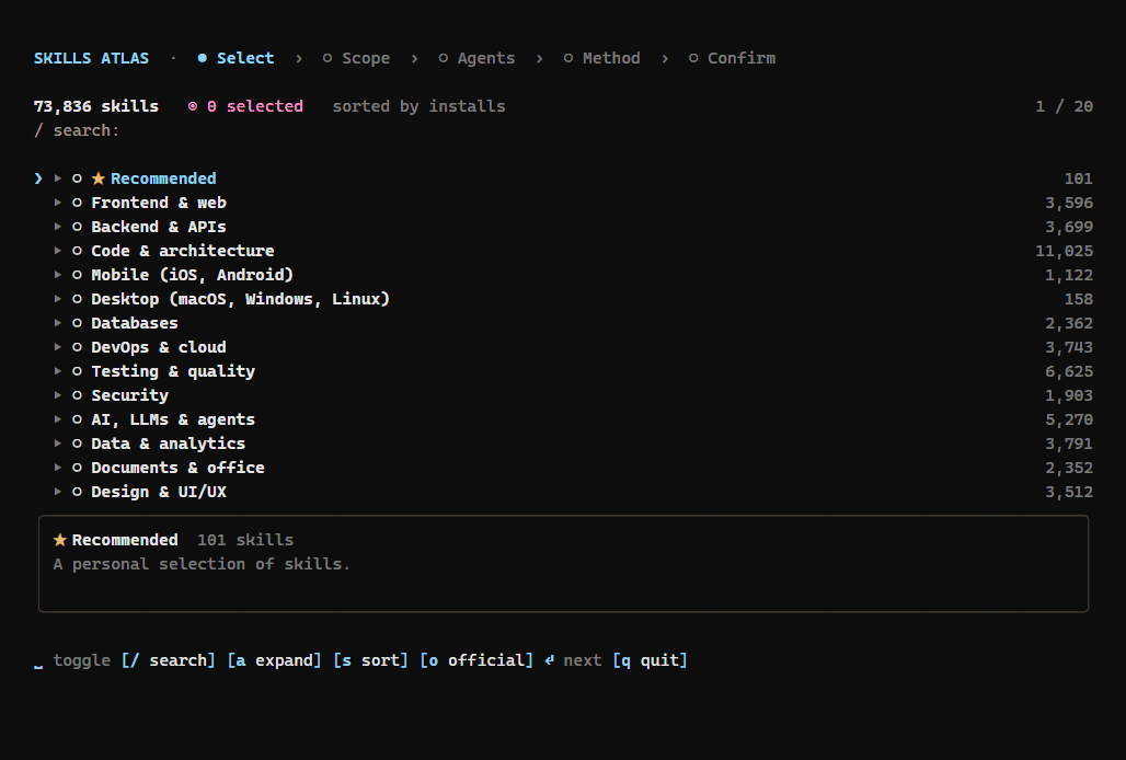 Animated terminal session: opening Recommended, ticking two obra/superpowers skills, previewing a SKILL.md with p, then choosing scope, agents and method before the review