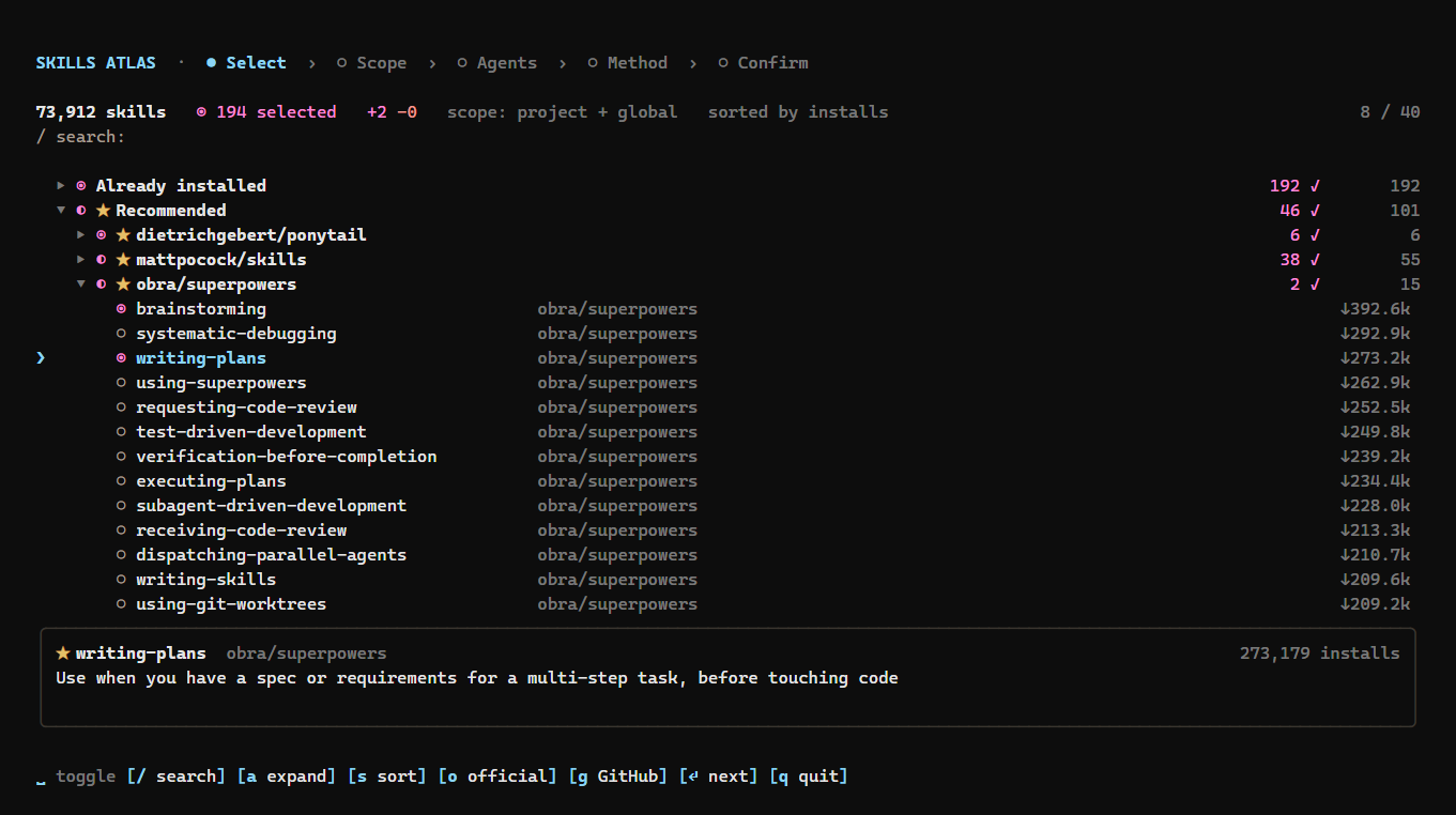 Skills Atlas terminal tree showing pink selections, gold Recommended stars and keyboard controls