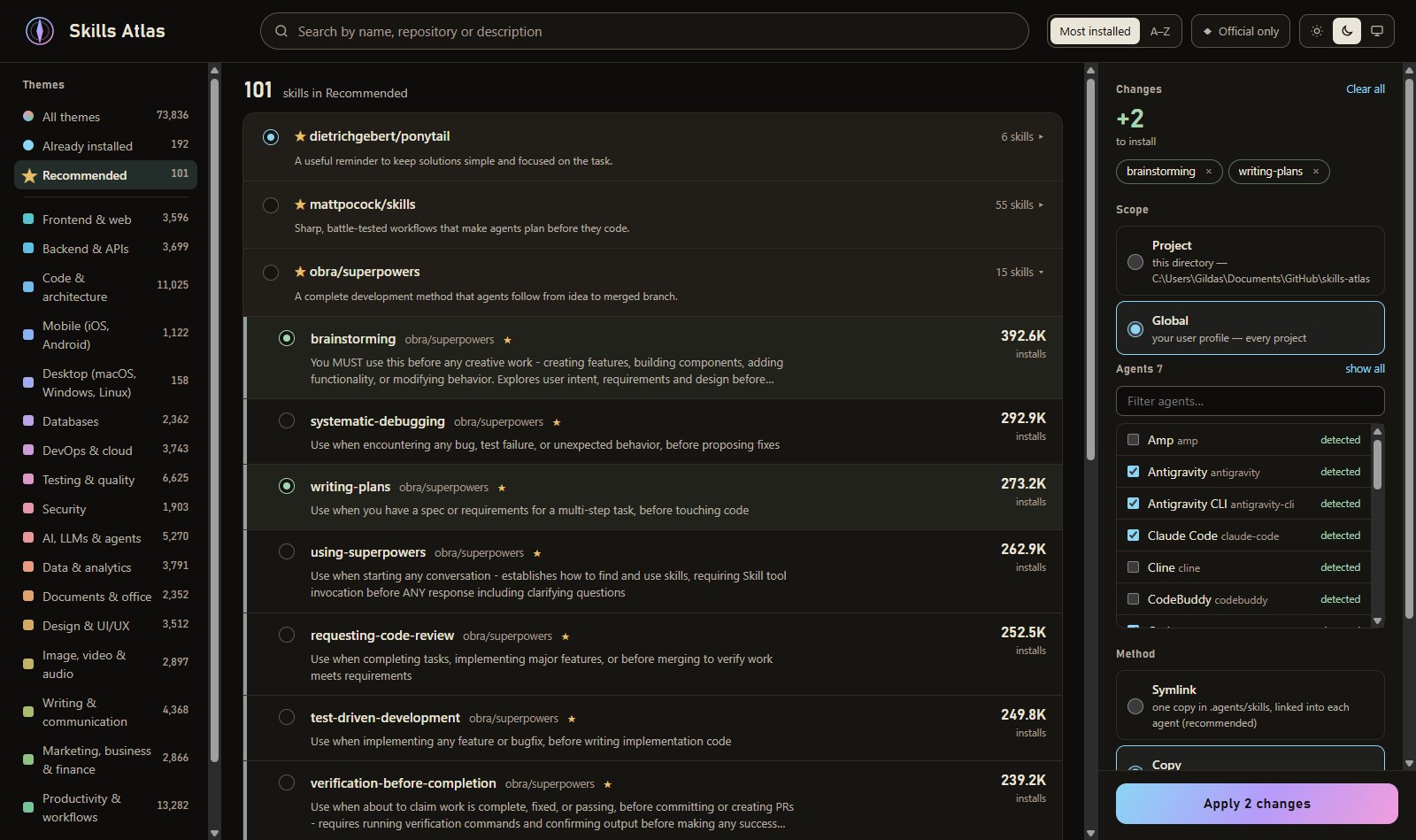 Skills Atlas web interface with Recommended skills, catalog search and an installation changes panel