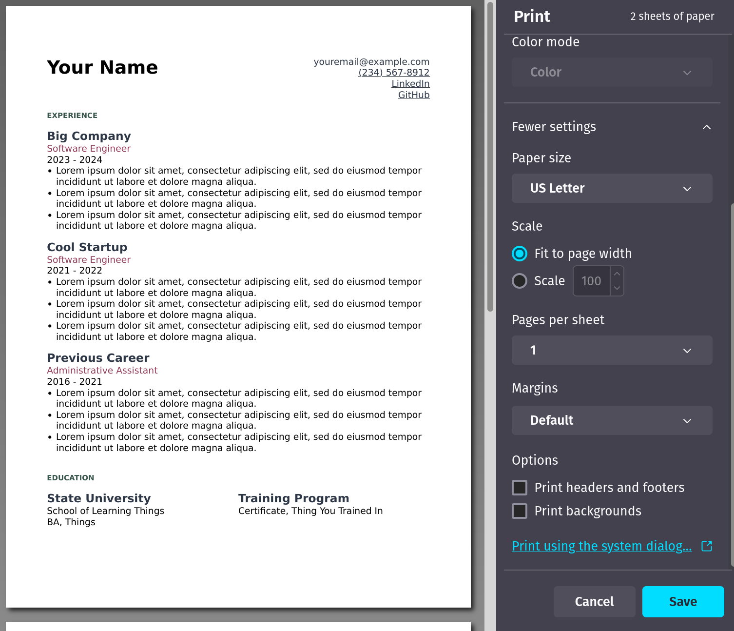 Screenshot of Firefox print menu showing the resume