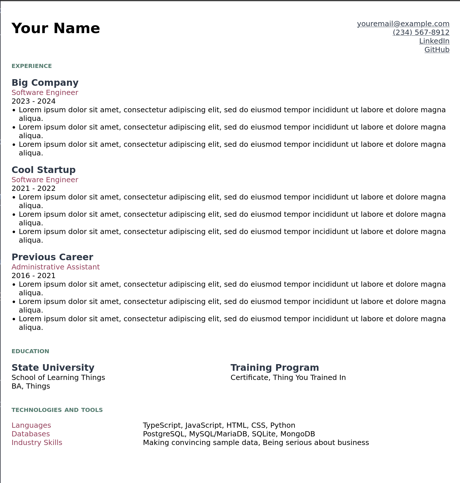 Screenshot of a resume rendered in a web browser