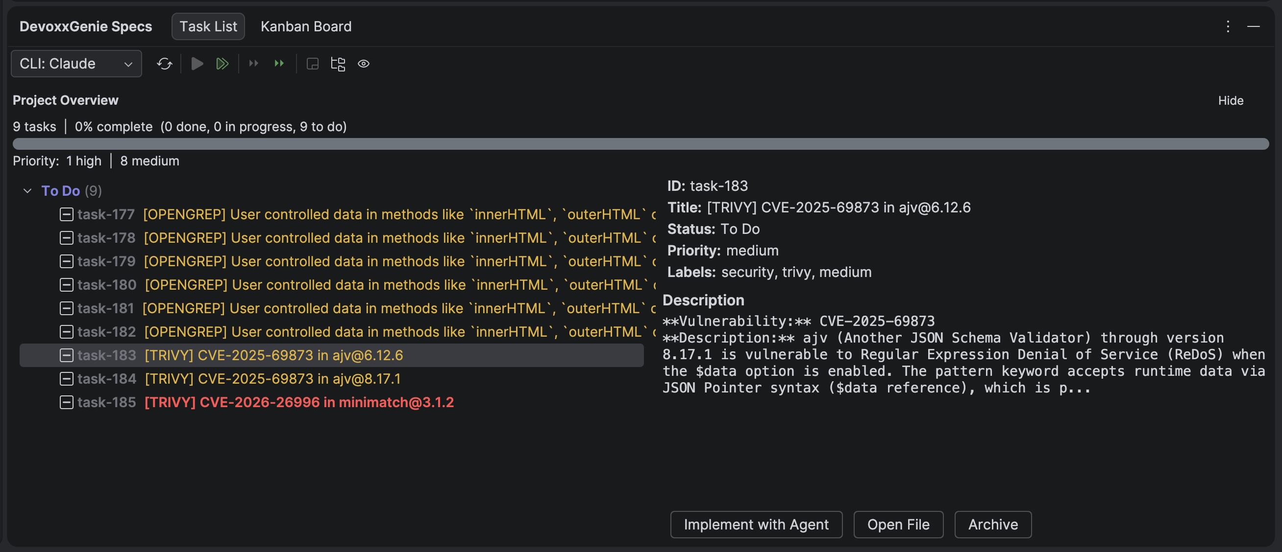 Security scan findings as Spec Browser tasks
