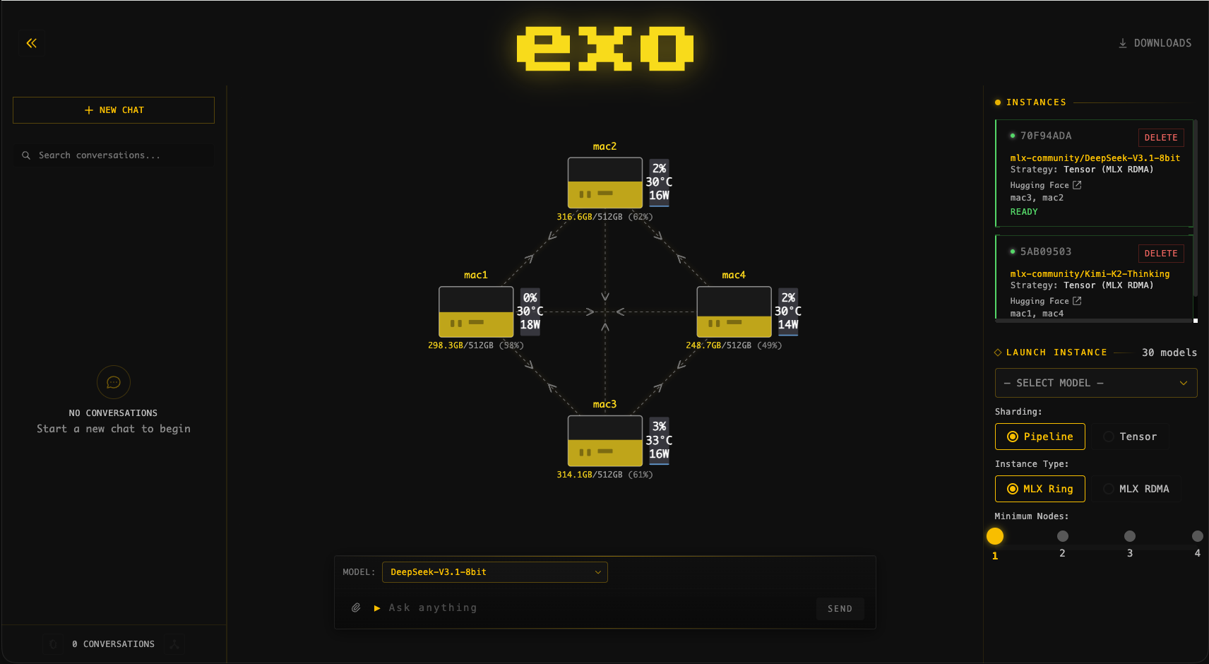 Exo distributed AI cluster dashboard