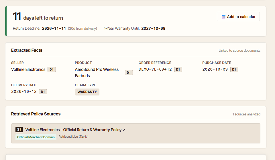 Deadline clock and extracted facts with document provenance