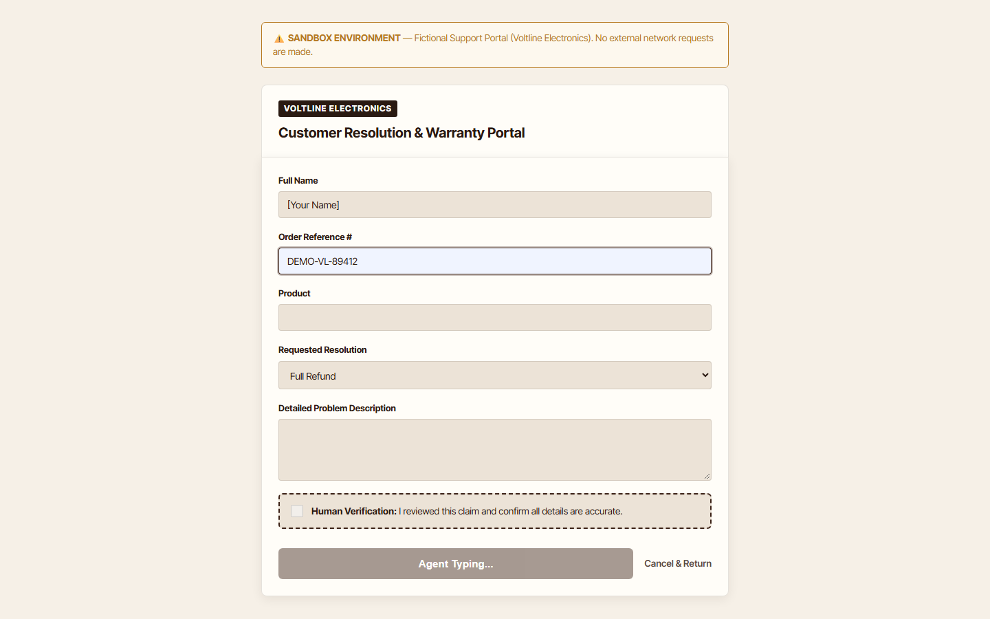 Sandbox portal — autofilled, then stopped at a human approval gate