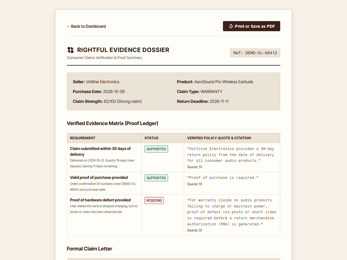 Printable evidence dossier