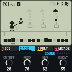 LCD-4 screen showing a small pixel-art lab scene above the Acid sound's cutoff, resonance, envelope and decay knobs