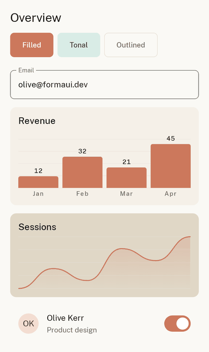 FormaUI components in light and dark themes, with the theme toggle switching between them