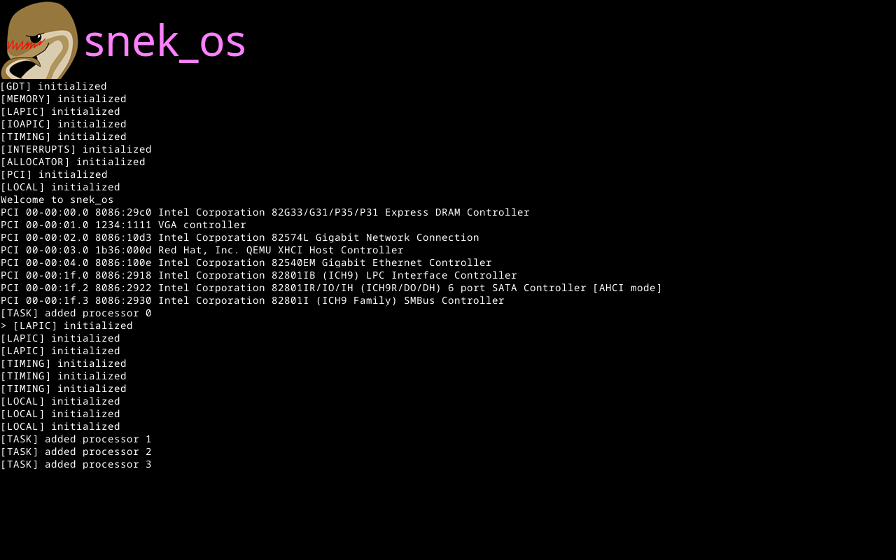 Screenshot of the OS after booting, displaying a logo and debug logs