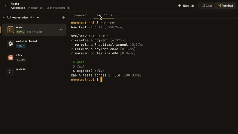 Live recording. The browser shows herdr's layout: four workspaces in the sidebar with their agent states (checkout-api DONE, web-dashboard RUN, infra READY, release), and checkout-api's tabs payments and dev. A click on the dev tab shows its first pane, bun test with 4 pass; the tab's pane menu lists the split's two panes, tests and git, and a click on git shows its git log. On the phone, ☰ opens the same four workspaces with the same states, and a tap on checkout-api opens Claude's chat: "What does this repo do? Answer in one line." and its answer.