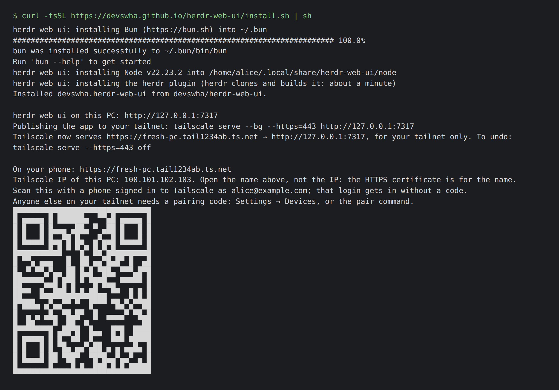 Installer output: Bun, Node and the herdr plugin install, then tailscale serve publishes the app and a QR code for the phone appears.