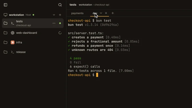 Live recording. The browser shows herdr's layout: four workspaces in the sidebar, each row ending in its agent's state (a green dot on checkout-api, whose Claude has finished, a turning arc on web-dashboard, whose Codex is working, nothing on infra and release), and checkout-api's tabs payments and dev. A click on the dev tab shows its first pane, tests, with bun test's 4 pass; the tab's pane menu lists the split's two panes, tests and git, and a click on git shows its git log while checkout-api's row names git. On the phone, ☰ opens the same four workspaces with the same states, and a tap on checkout-api opens Claude's chat: "What does this repo do? Answer in one line." and its answer.