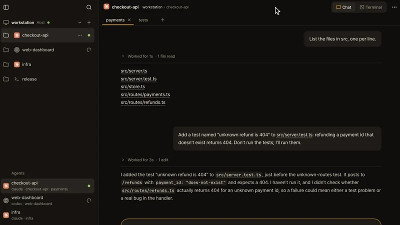 Live recording. The browser shows Claude Code's reply in Chat; a click on Terminal shows the same pane as Claude Code's own terminal, with its edit adding the test "unknown refund is 404" to src/server.test.ts. On the phone, in the tests tab's terminal, ↑ on the key bar brings back bun test and the key bar's Enter runs it: 5 pass, 0 fail.