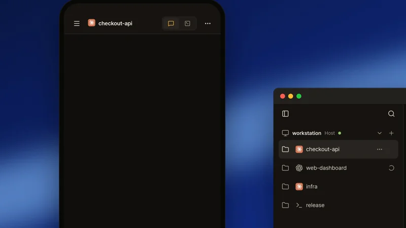 Live recording. On the phone, checkout-api's ⋯ menu → New worktree opens a form with the branch worktree/clear-field-23e0 already filled in; Claude Code is picked and Create worktree is tapped. The camera moves to the browser, where checkout-api's folder is open with the new checkout nested under it, marked as Claude; its row then reads Claude Code over worktree-clear-field-23e0, and the Agents list shows it as a fourth agent.