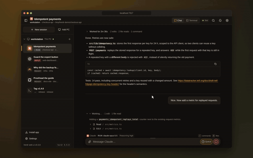 Demo: reading a Claude Code chat with its folded work, answering a Codex approval from the chat, typing into a live terminal, and jumping to a gjc pane from the command palette.