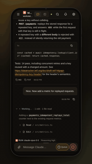 Phone demo: scrolling a chat, opening the session list, approving a Codex command, the terminal with its key bar, and typing a message.