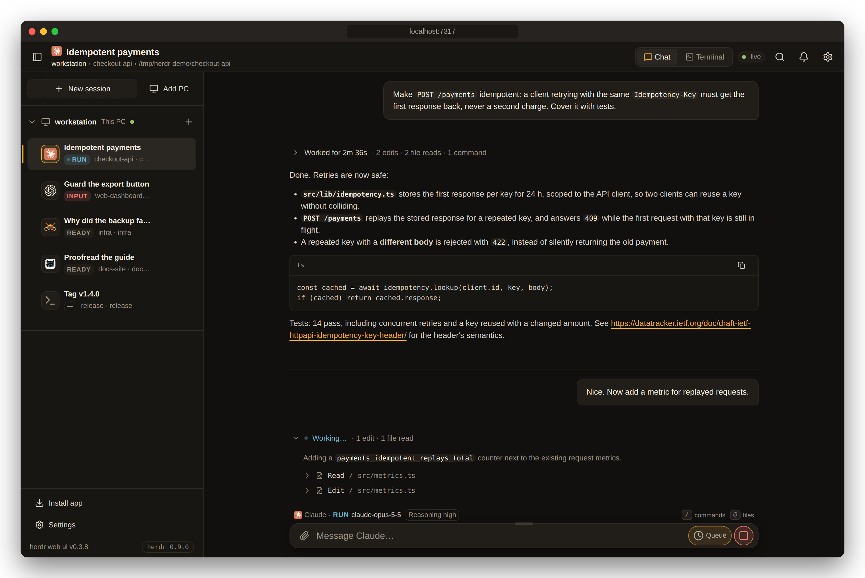 Chat view of a Claude Code pane: the prompt, a folded "Worked for 2m 36s" block, and a Markdown answer with a code block and a link.