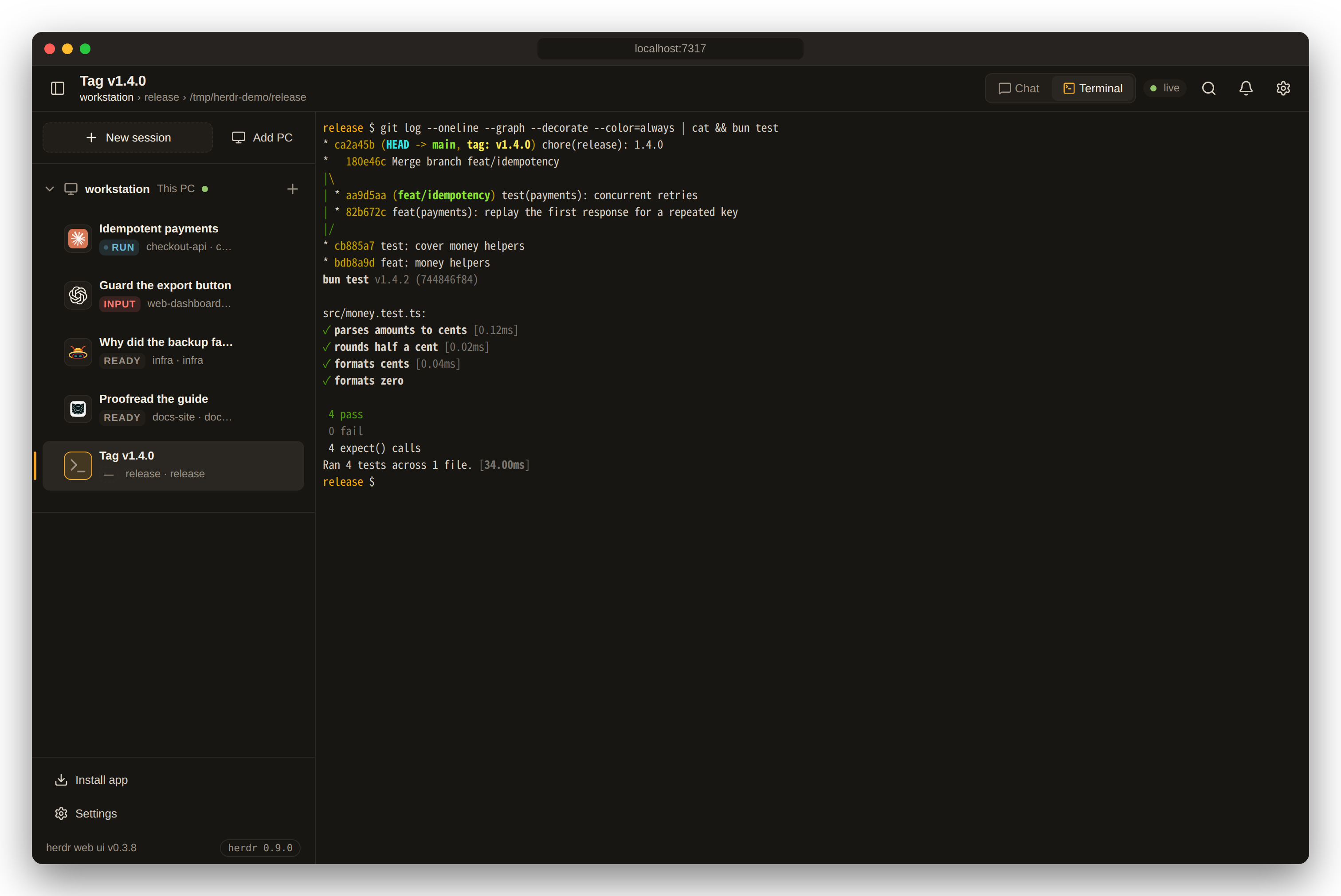 Terminal view of a shell pane: git history and a passing bun test run in the live herdr terminal.