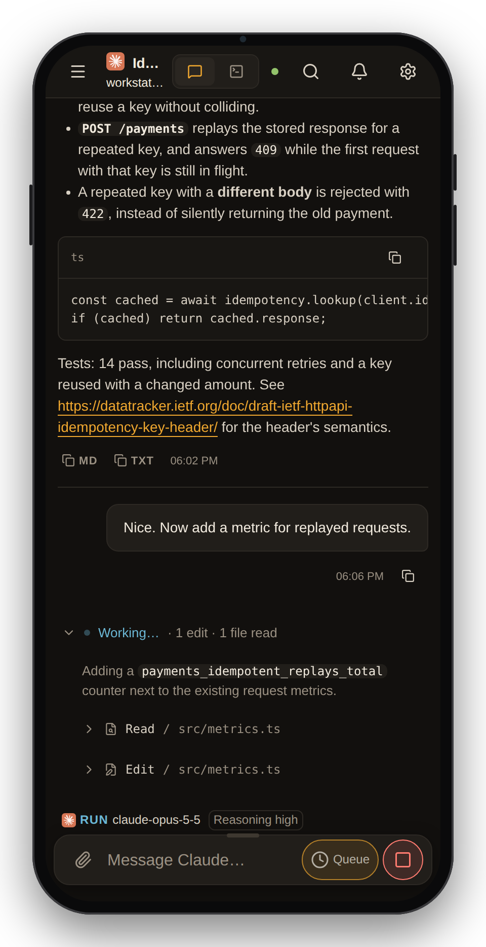 Phone chat view of a Claude Code pane.