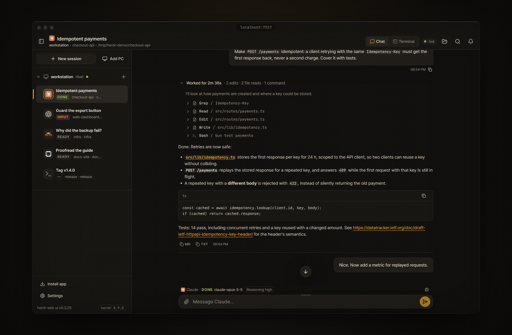 Chat view of a Claude Code pane: its "Worked for 2m 36s" block opened into Grep, Read, Edit, Write and Bash rows, above a Markdown answer with a code block and a link.