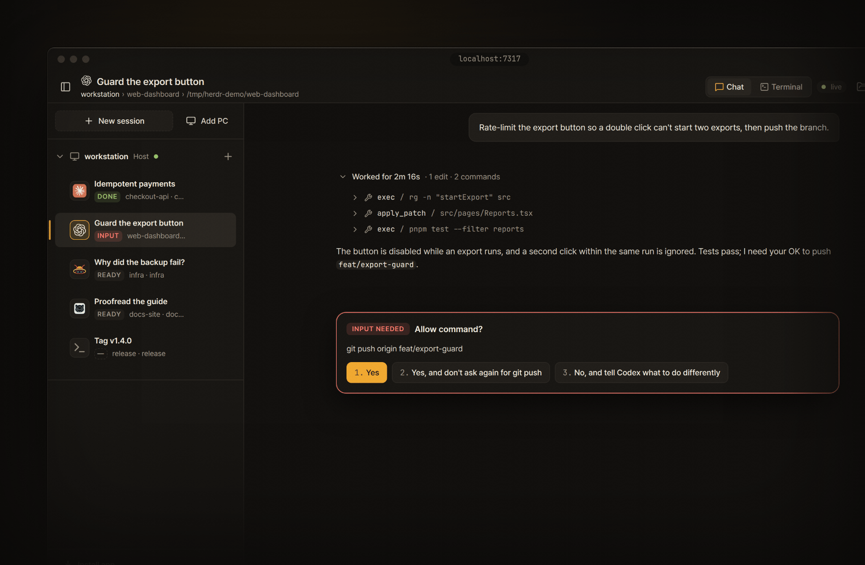 A Codex pane waiting for input: an "Allow command?" card for git push with its three options, answered from the chat.