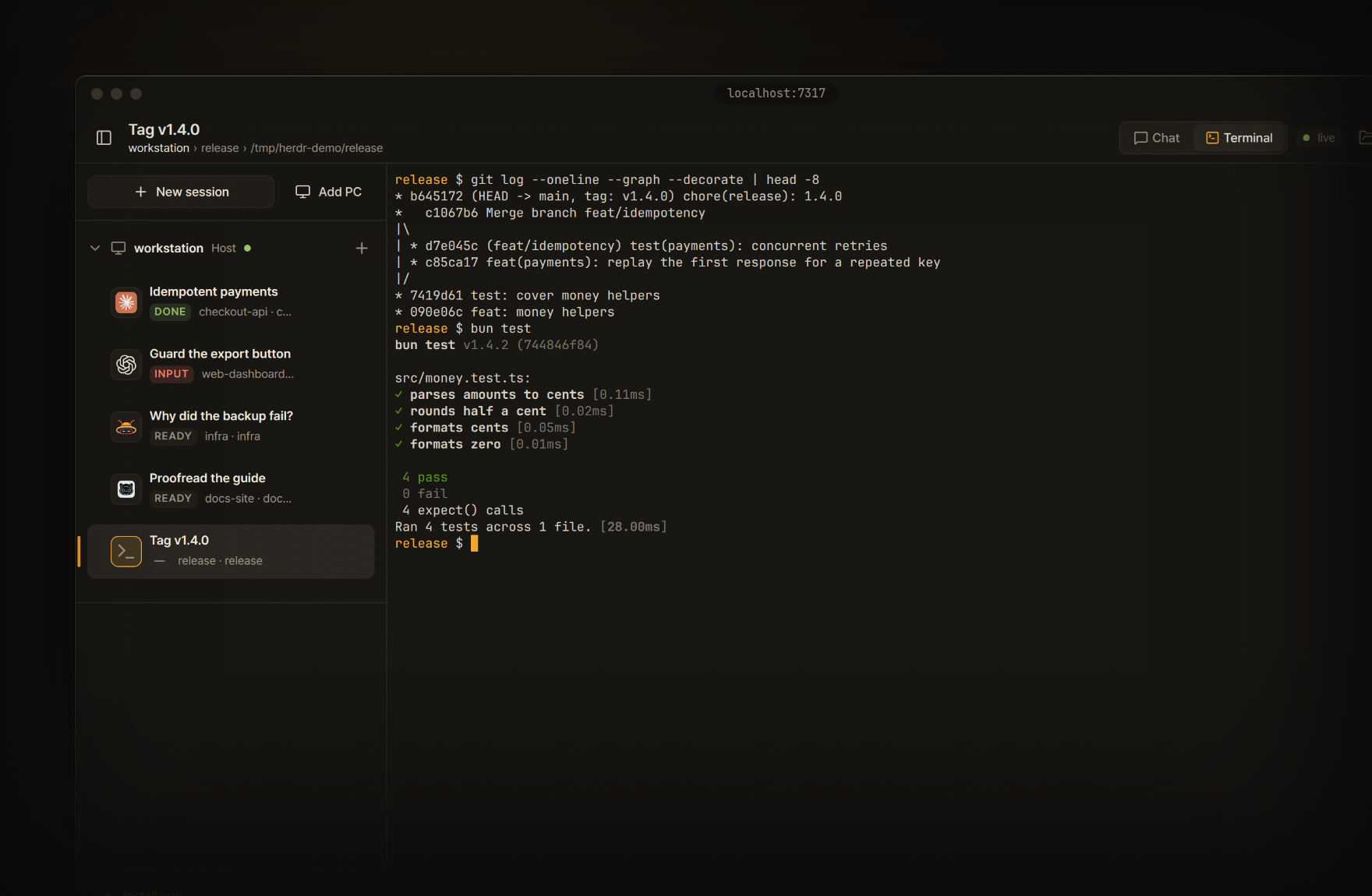 Terminal view of a shell pane: git history and a passing bun test run in the live herdr terminal.