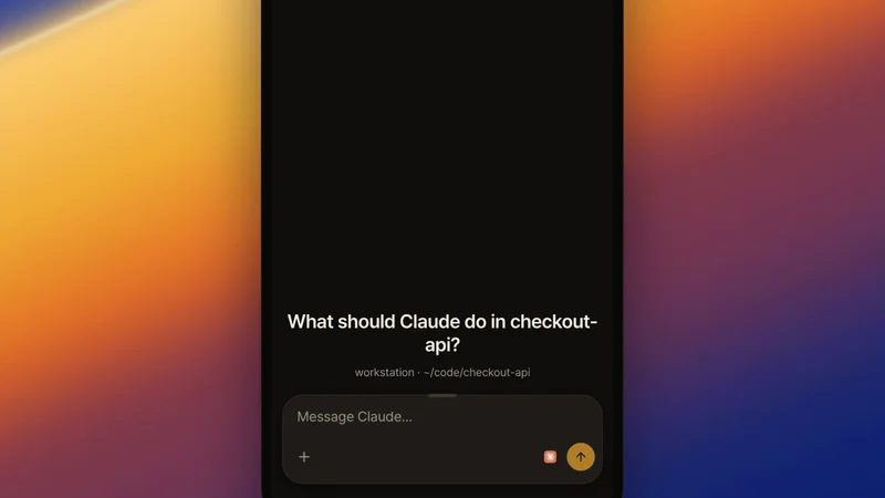 Live recording. On the phone, checkout-api's empty chat asks "What should Claude do in checkout-api?". The + button attaches a screenshot of a receipt whose total reads $NaN and inserts its path, then "Fix this, with a test." is typed and sent. The camera pulls back as the message with the screenshot appears on the phone and in the desktop's chat, then moves in on the desktop's chat. In the full video, Claude then runs its first command, which reads src/routes/receipt.ts and src/server.ts.