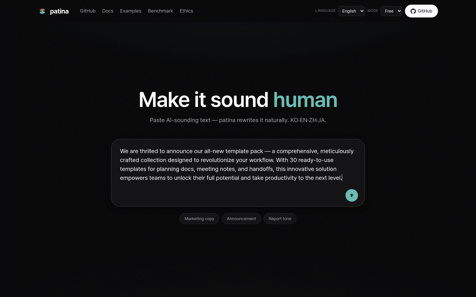 Animated patina playground demo: an AI-sounding template-pack announcement is pasted into the web playground, rewritten naturally while keeping the 30-templates fact, and verified with MPS 100, Fidelity 75, and a deterministic AI-signal drop from 100 to 0