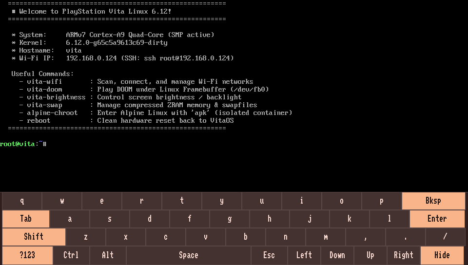 Linux on Vita running Alpine Linux with touchscreen interface