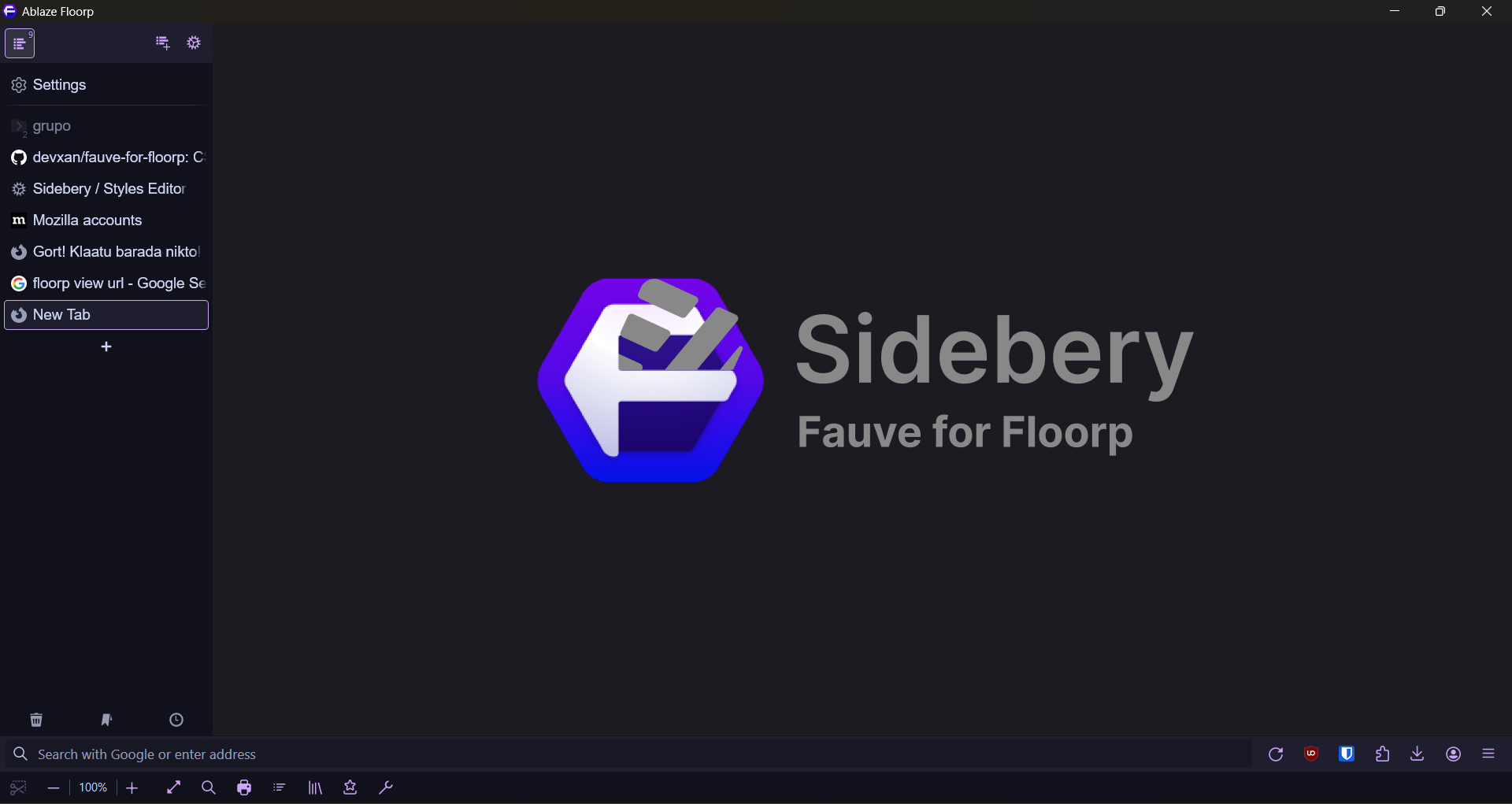 Screenshot of the full browser with Sidebery opened and a Fauve for Firefox/Sidebery logo