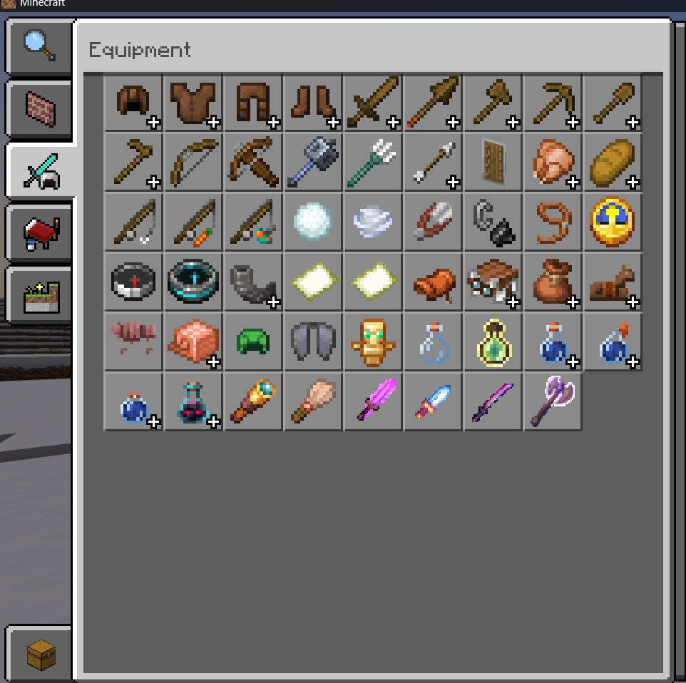 Every weapon and item the add-on adds, shown in the inventory