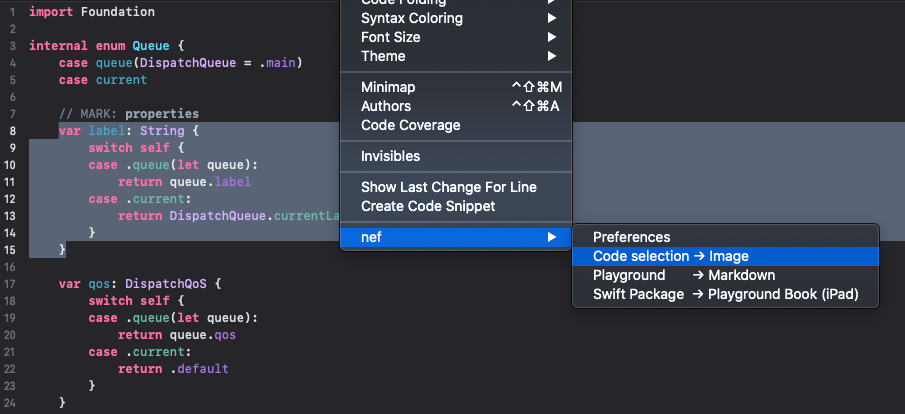 nef: action for exporting code selection to snippet